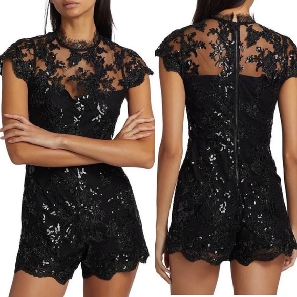 Alice + Olivia Alaina Sequined Lace-Trim Romper - Picture 1 of 11
